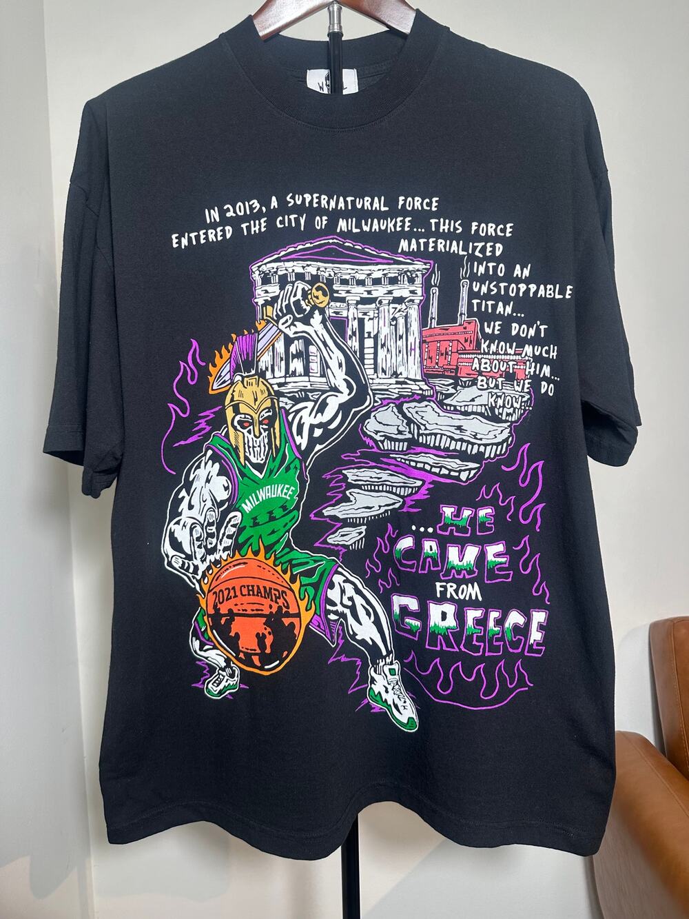 Warren Lotas He Came From Greece Milwaukee Bucks Giannis Tee Black XL Shirt